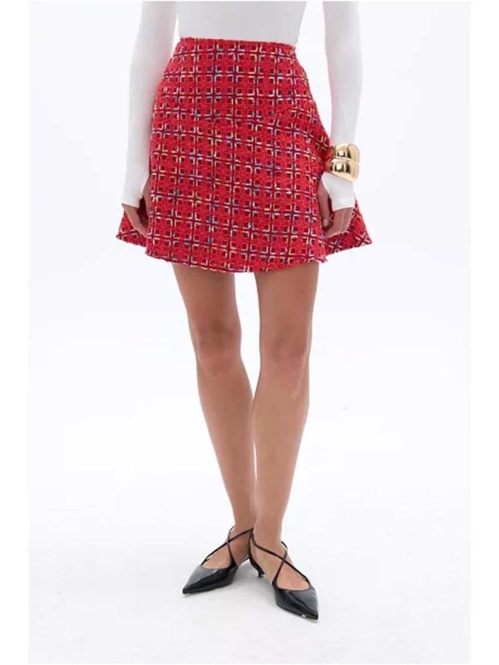 Red Tweed Mini Skirt - Classic Plaid A-Line